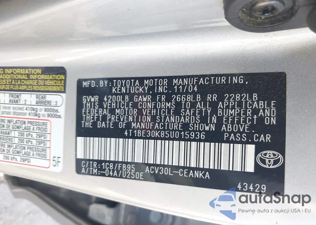 4T1BE30K85U015936: 43383074