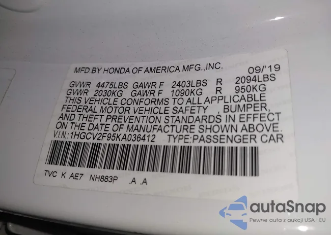 1HGCV2F95KA036412: 43382394