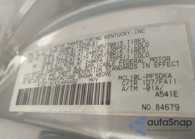 4T3ZF19CX2U484492: 43383817