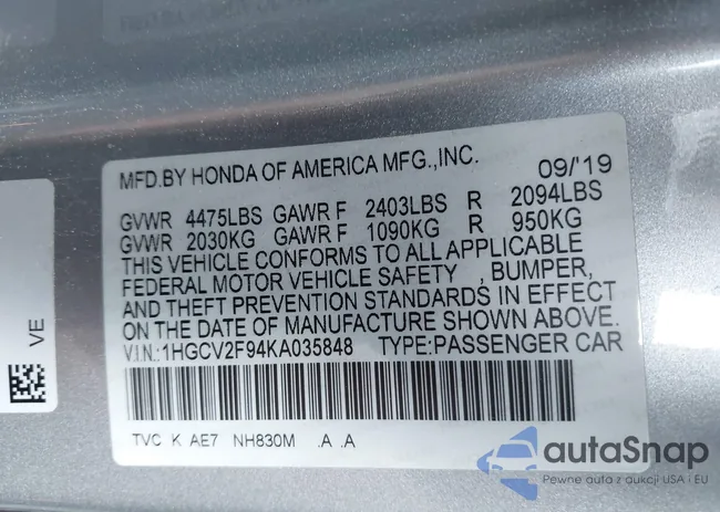 1HGCV2F94KA035848: 43384077