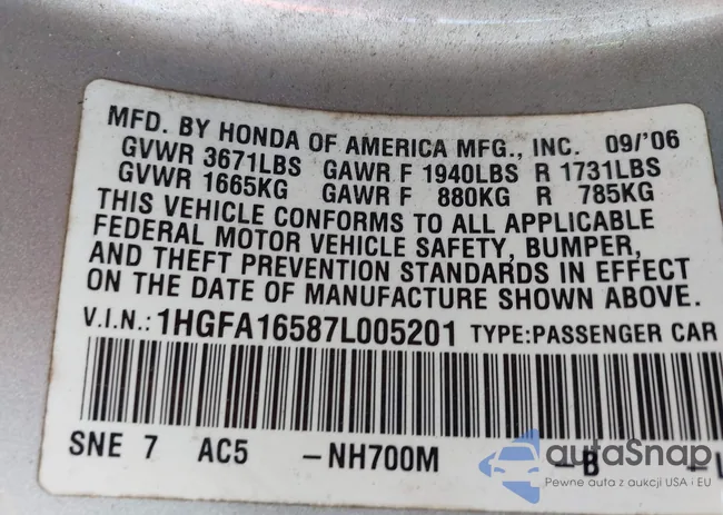 1HGFA16587L005201: 43383264