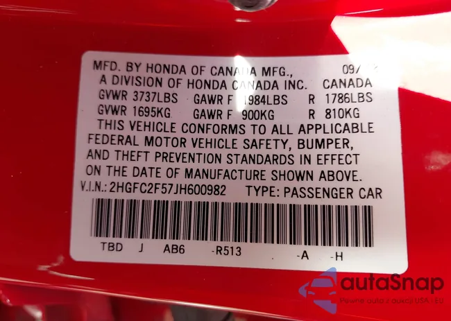 2HGFC2F57JH600982: 43385678