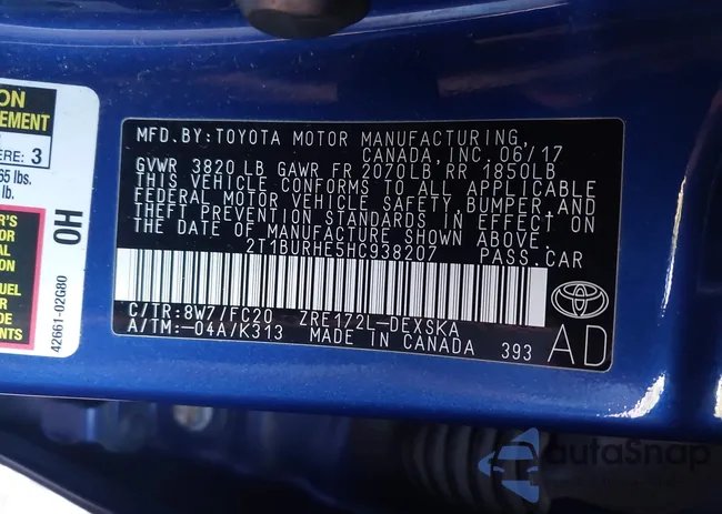 2T1BURHE5HC938207: 43385710