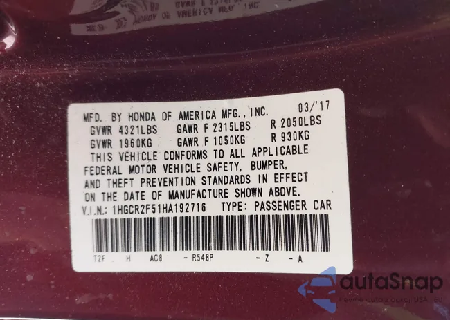 1HGCR2F51HA192716: 43386296