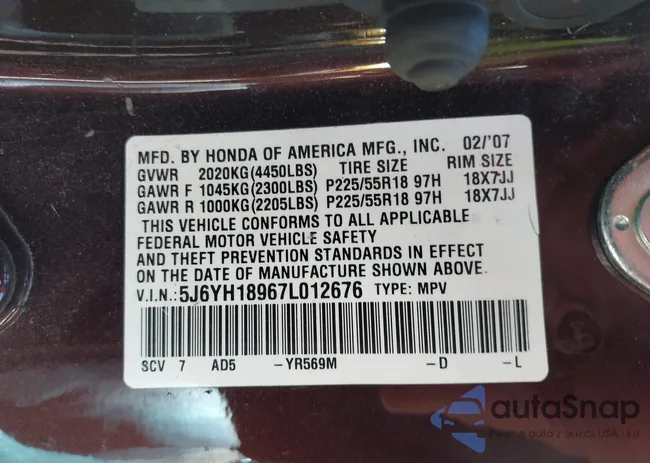 5J6YH18967L012676: 43387594