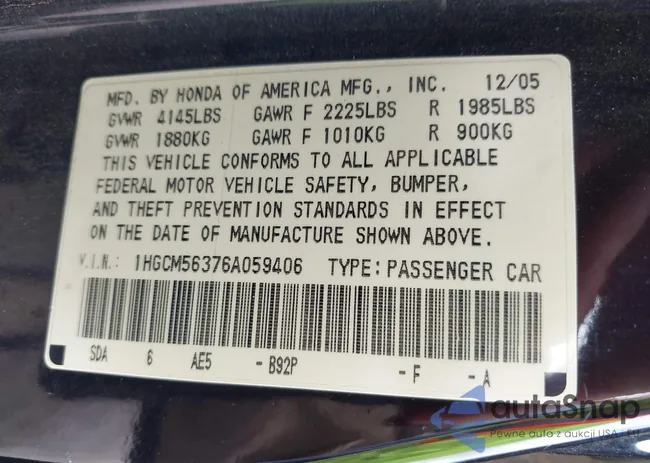 1HGCM56376A059406: 43389685