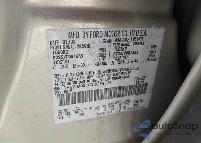 1FMYU03183KC54622: 43391673