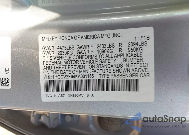 1HGCV2F94KA001165: 43391795