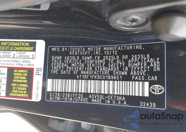 4T1BF1FK9CU189651: 43392078