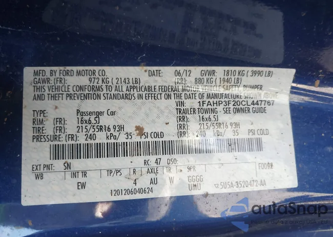 1FAHP3F20CL447767: 43392134