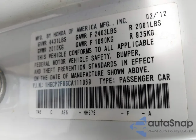 1HGCP2F86CA111069: 43392889