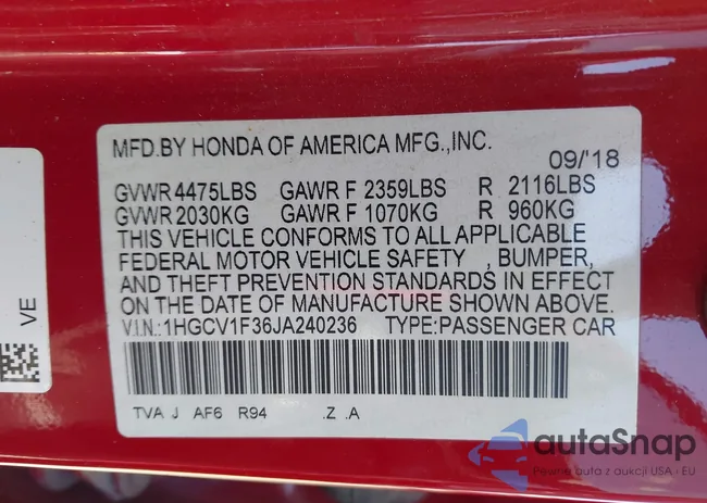 1HGCV1F36JA240236: 43394117