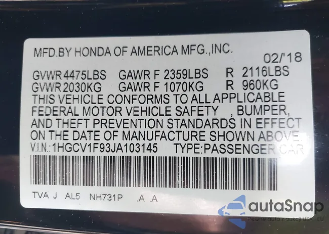 1HGCV1F93JA103145: 43393390