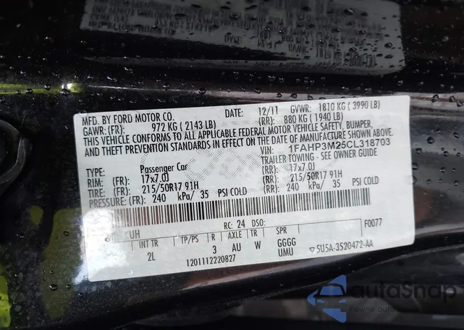 1FAHP3M25CL318703: 43394238