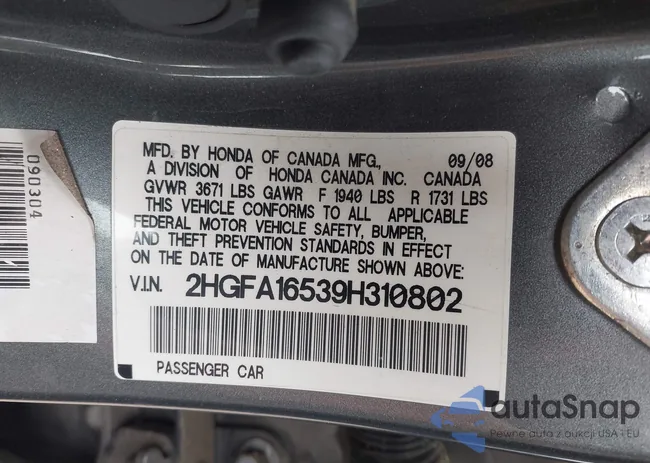 2HGFA16539H310802: 43395822
