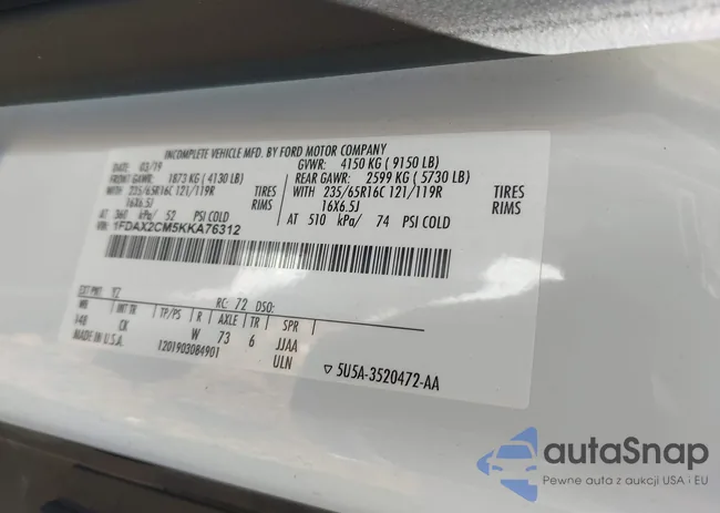 1FDAX2CM5KKA76312: 43395937