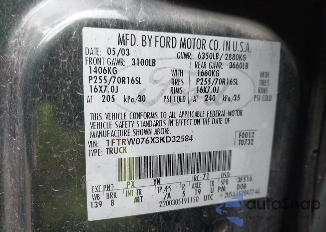 1FTRW076X3KD32584: 43395335