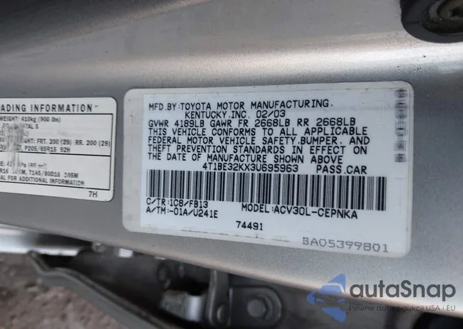 4T1BE32KX3U695963: 43396347