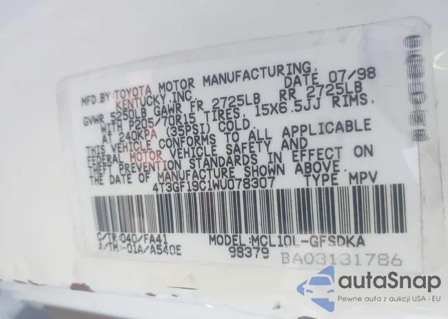 4T3GF19C1WU078307: 43399228