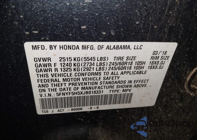 5FNYF5H5XJB018331: 43398582