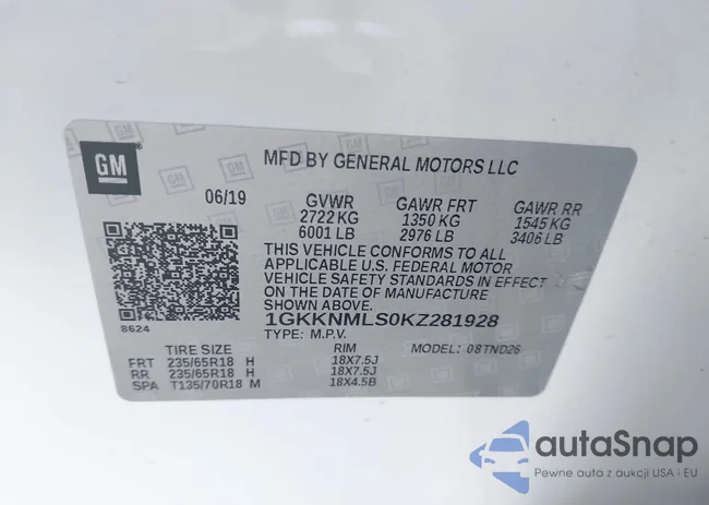 1GKKNMLS0KZ281928: 43400134