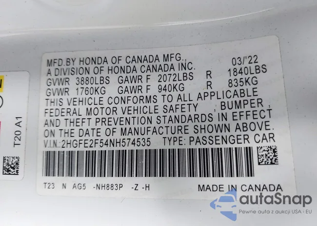 2HGFE2F54NH574535: 43401392