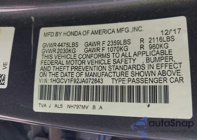 1HGCV1F92JA072843: 43403636