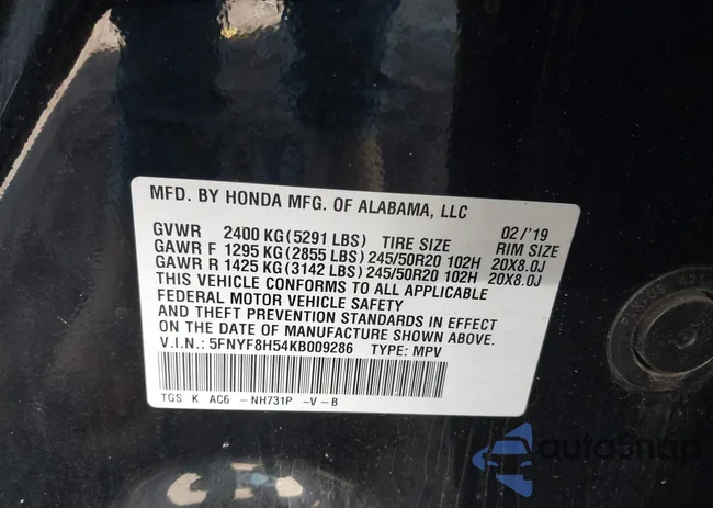 5FNYF8H54KB009286: 43404202