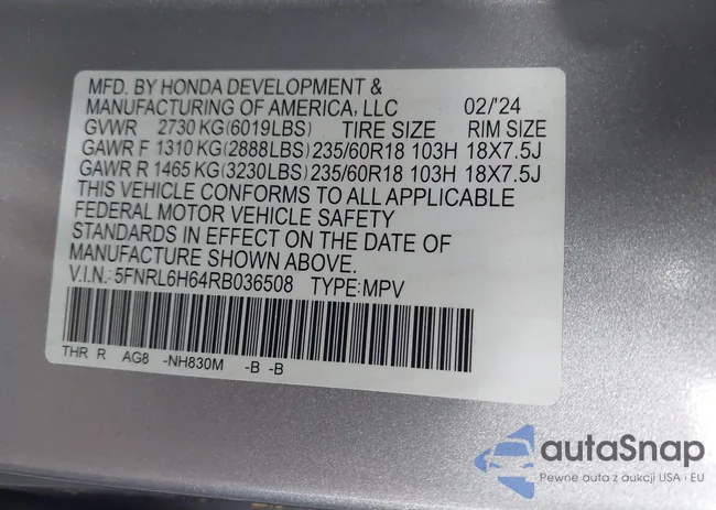 5FNRL6H64RB036508: 43404325