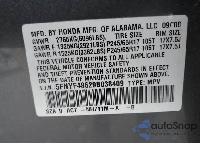 5FNYF48629B038409: 43404583