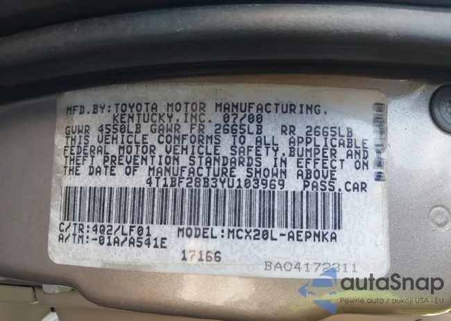 4T1BF28B3YU103969: 43405612