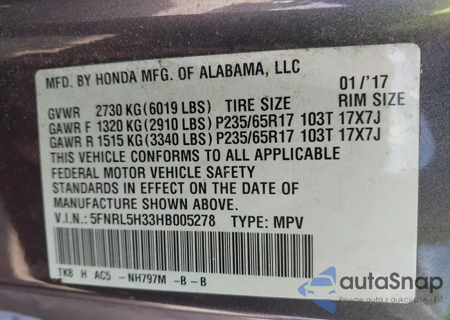 5FNRL5H33HB005278: 43405702