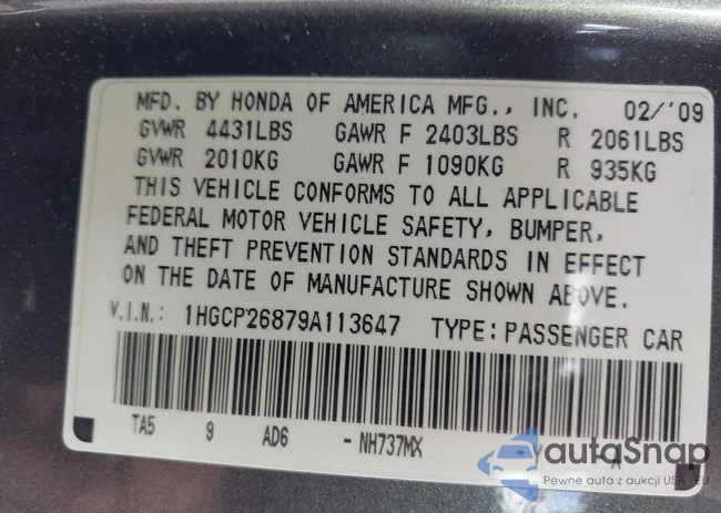 1HGCP26879A113647: 43405800