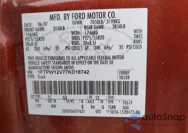 1FTPW12V77KD18742: 43405285