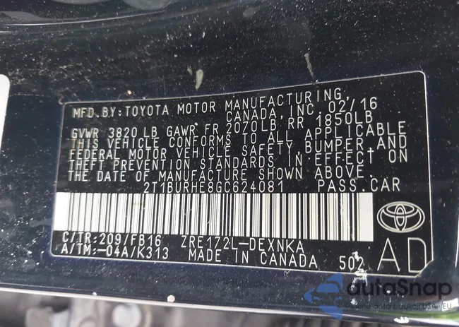 2T1BURHE8GC624081: 43406821