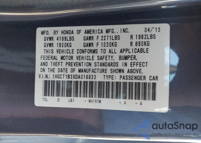 1HGCT1B3XDA018833: 43407100