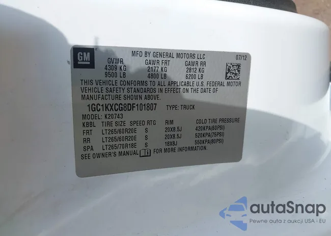 1GC1KXCG8DF101807: 43407692