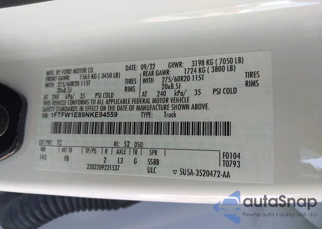 1FTFW1E89NKE94559: 43408120