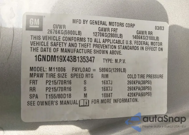 1GNDM19X43B135347: 43408144