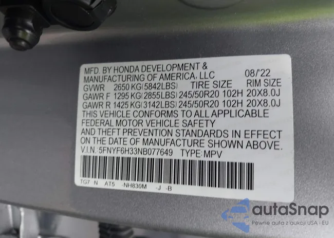 5FNYF6H33NB077649: 43408853