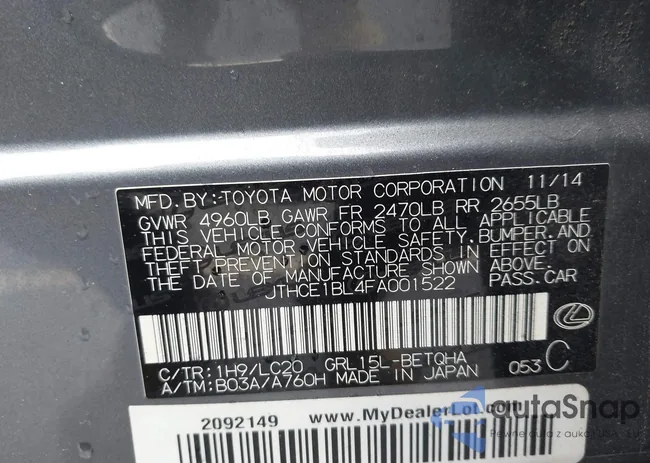 JTHCE1BL4FA001522: 43409648