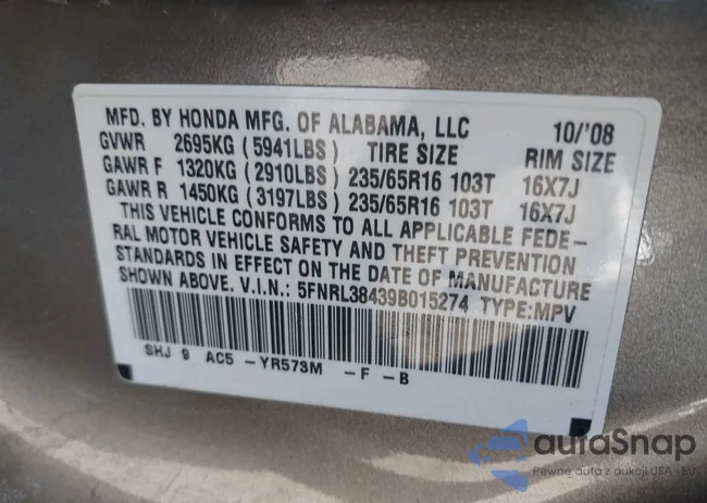 5FNRL38439B015274: 43409816