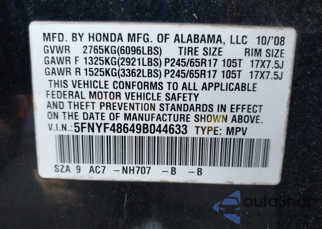 5FNYF48649B044633: 43409376