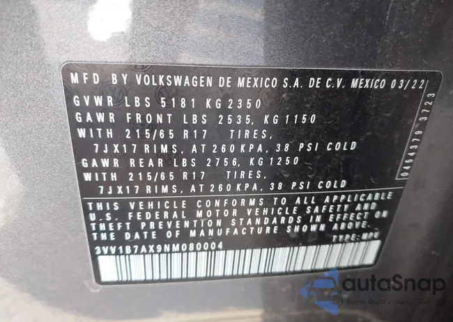 3VV1B7AX9NM080004: 43410909