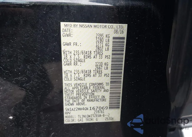 5N1AZ2MH4GN167069: 43411100