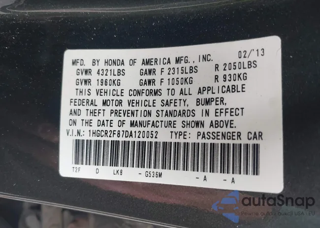 1HGCR2F87DA120052: 43410428