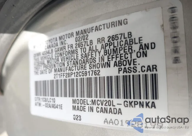 2T1FF28P12C591762: 43411609