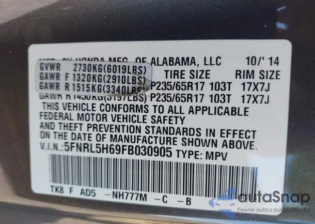 5FNRL5H69FB030905: 43411743