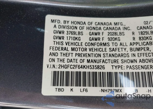 2HGFC2F64KH535826: 43412106