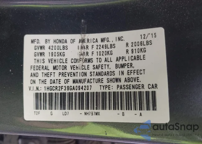 1HGCR2F39GA094207: 43411434